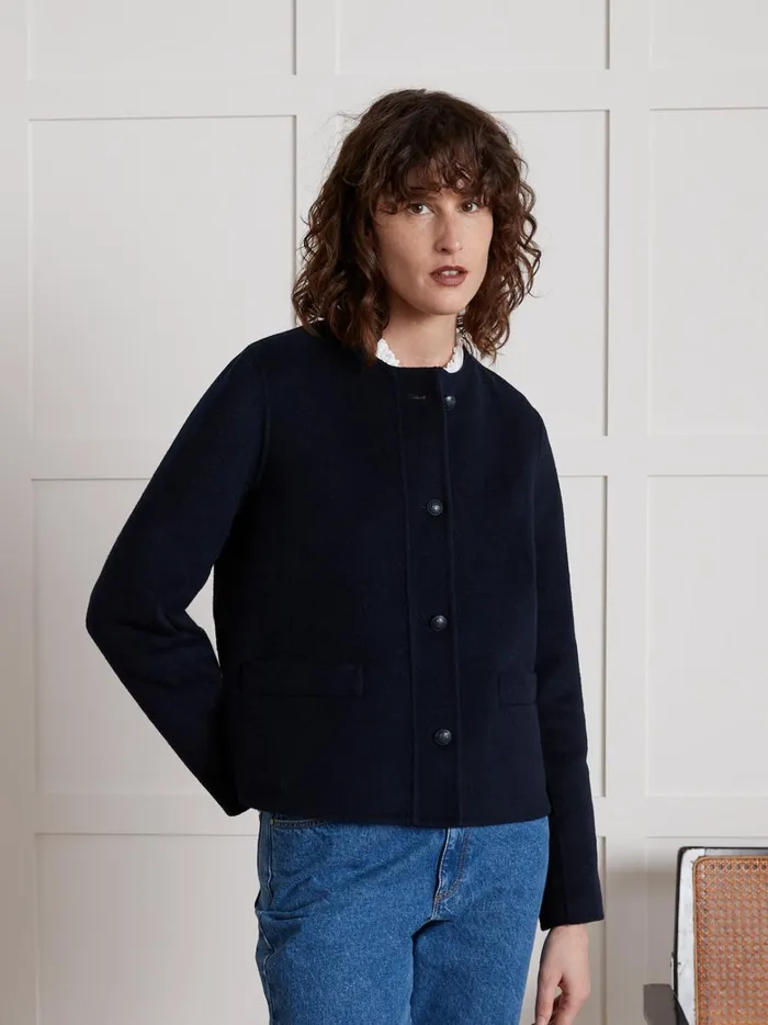 Women Clothing Cyrillus Collarless DoubleSided Woolen Jacket Encre