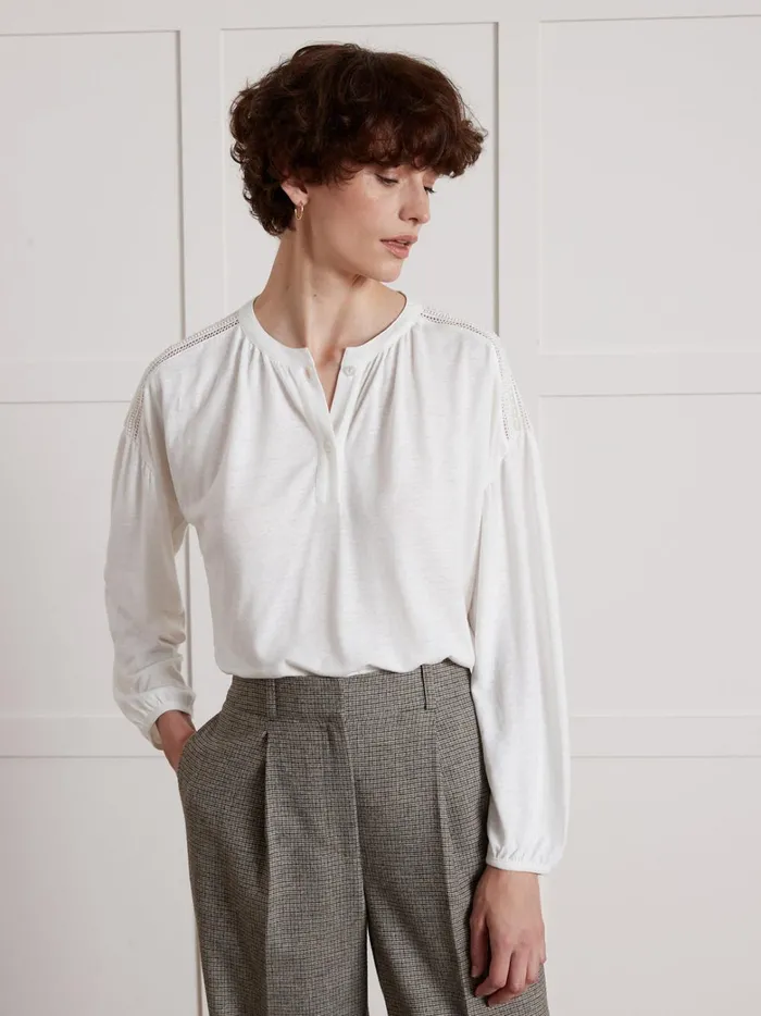 Women Clothing Cyrillus Linen And Viscose TShirt With Round Neckline Ecru