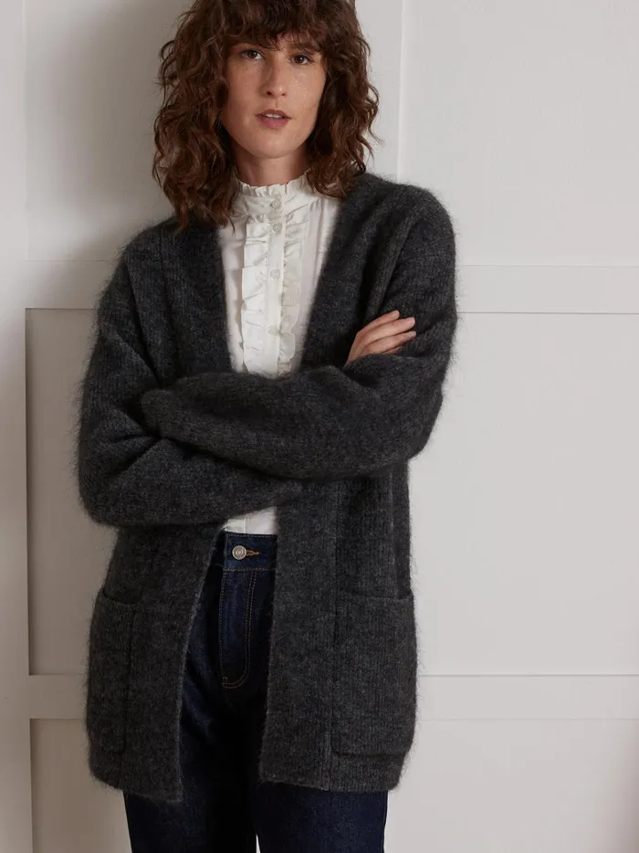 Women Clothing Cyrillus Long Marled Cardigan Gris Chine Fonce