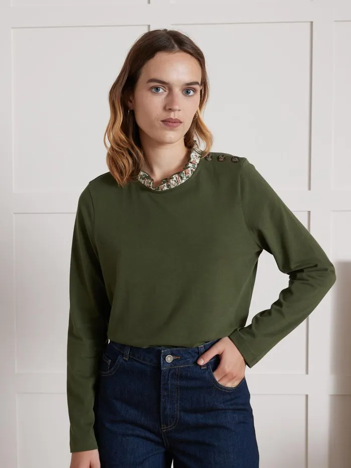 Women Clothing Cyrillus Organic Cotton TShirt With Collar Made With Liberty Fabric Vert Chasse