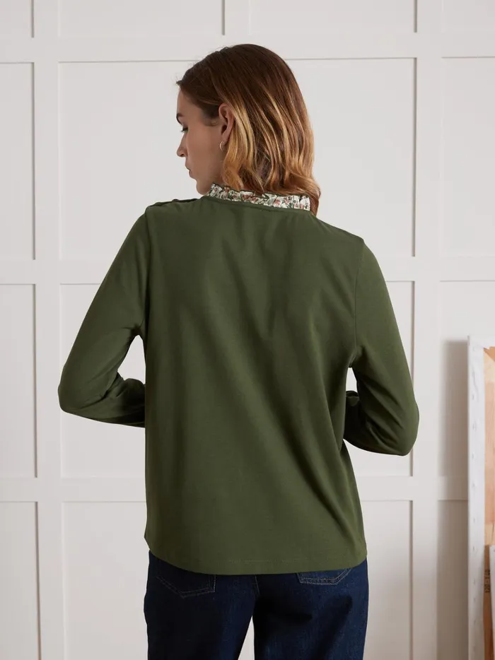 Women Clothing Cyrillus Organic Cotton TShirt With Collar Made With Liberty Fabric Vert Chasse
