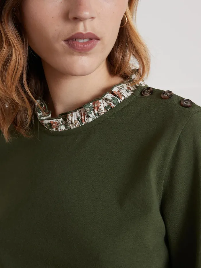 Women Clothing Cyrillus Organic Cotton TShirt With Collar Made With Liberty Fabric Vert Chasse