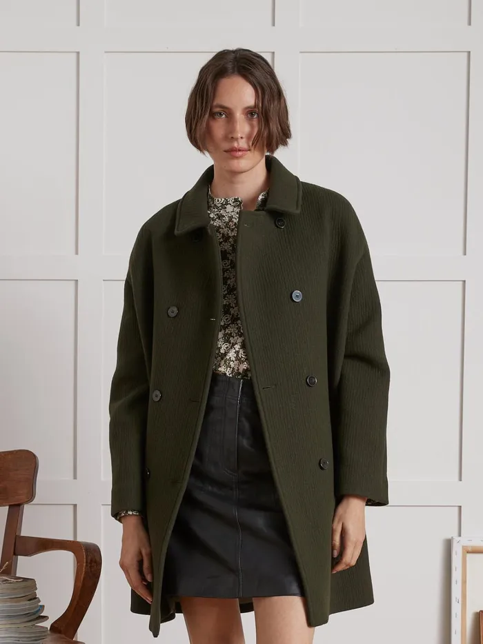 Women Clothing Cyrillus Plain Wool Cloth Coat Kaki