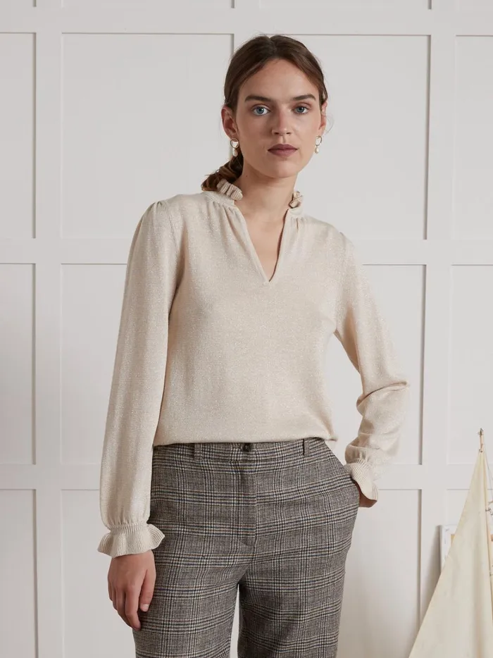 Women Clothing Cyrillus Shimmery Knit Sweater With Ruffled Neckline Ivoire