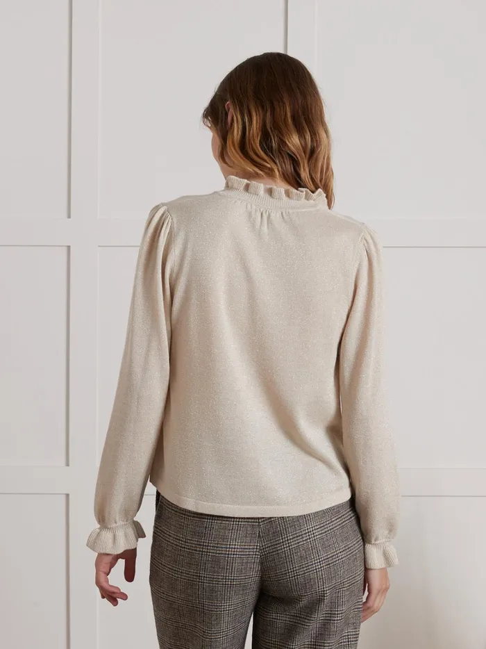 Women Clothing Cyrillus Shimmery Knit Sweater With Ruffled Neckline Ivoire