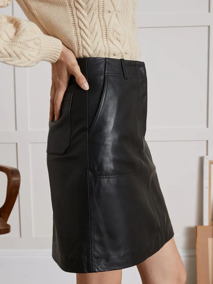 Women Clothing Cyrillus Short CargoStyle Leather Skirt Noir