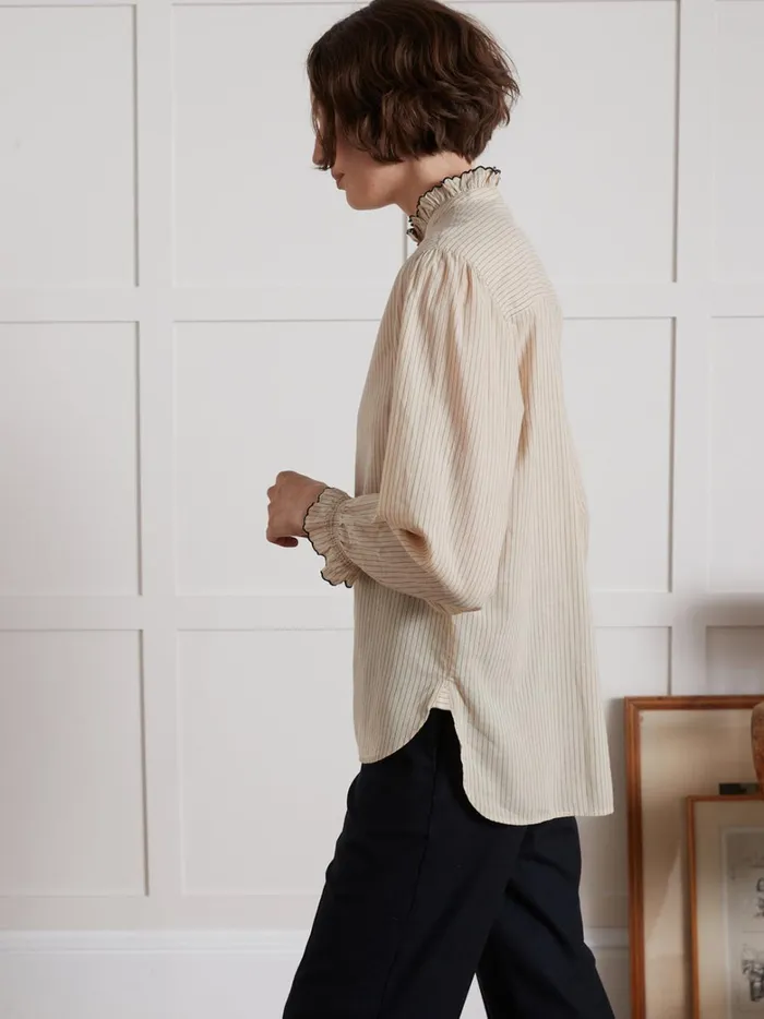 Women Clothing Cyrillus Stripe Shirt With Frilly Neckline Rayure Noirebeige