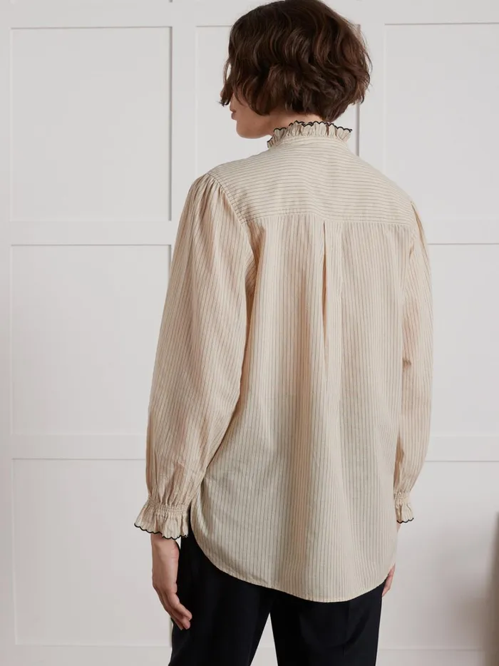 Women Clothing Cyrillus Stripe Shirt With Frilly Neckline Rayure Noirebeige