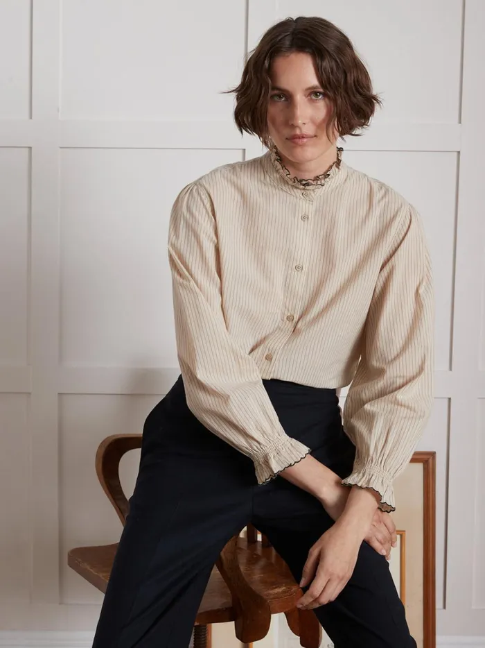 Women Clothing Cyrillus Stripe Shirt With Frilly Neckline Rayure Noirebeige