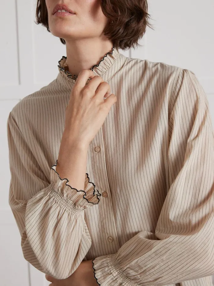 Women Clothing Cyrillus Stripe Shirt With Frilly Neckline Rayure Noirebeige
