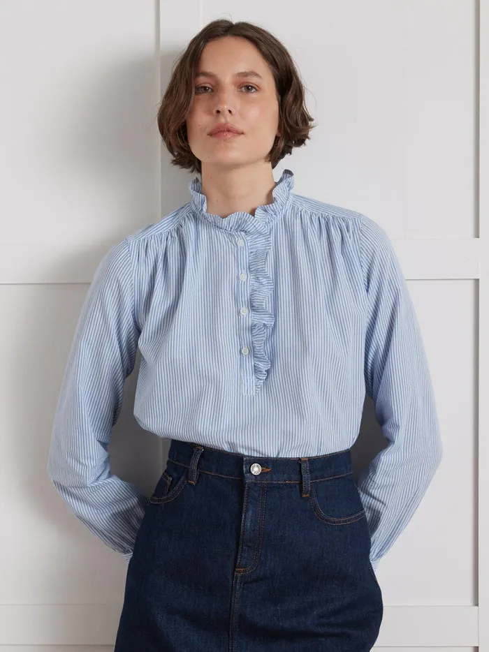 Women Clothing Cyrillus Striped Blouse With Frilly Neckline Rayure Bleue