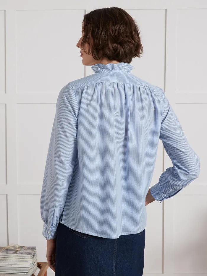 Women Clothing Cyrillus Striped Blouse With Frilly Neckline Rayure Bleue