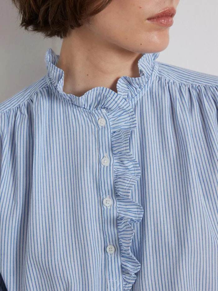 Women Clothing Cyrillus Striped Blouse With Frilly Neckline Rayure Bleue