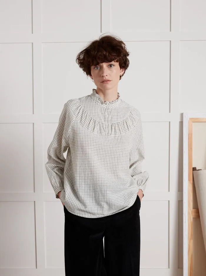Women Clothing Cyrillus Tattersall Check Blouse With Frilly Neckline Tattersall Beige