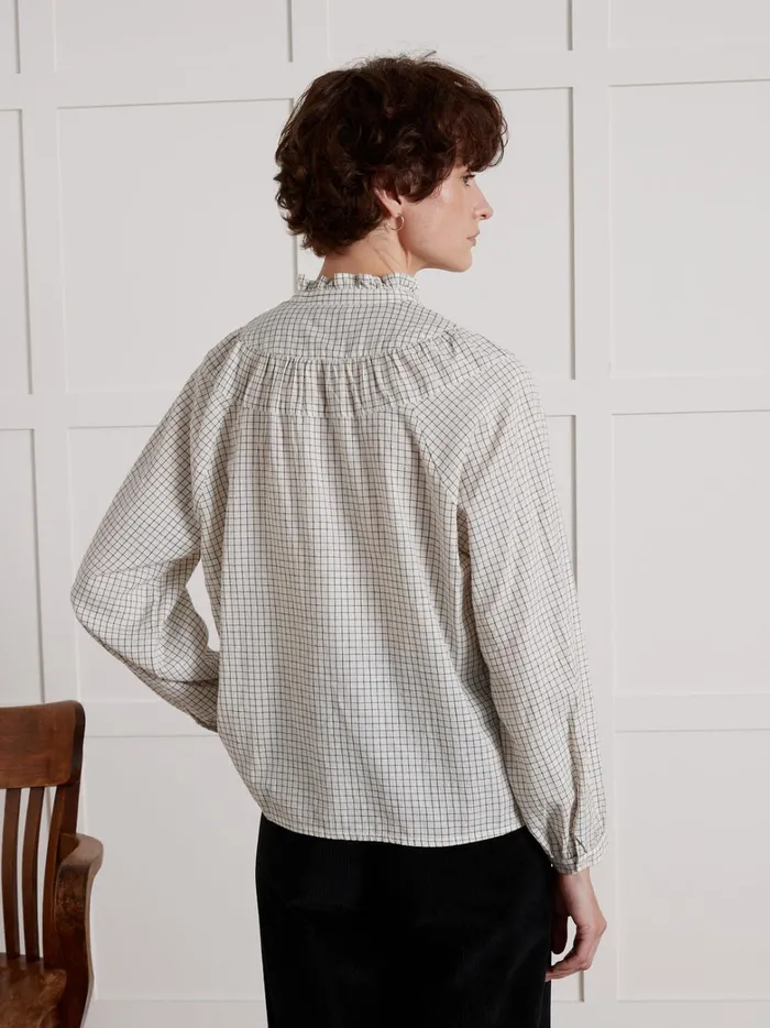 Women Clothing Cyrillus Tattersall Check Blouse With Frilly Neckline Tattersall Beige