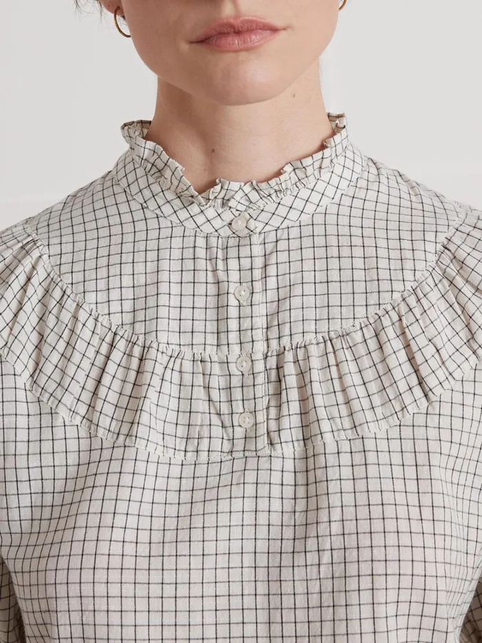 Women Clothing Cyrillus Tattersall Check Blouse With Frilly Neckline Tattersall Beige