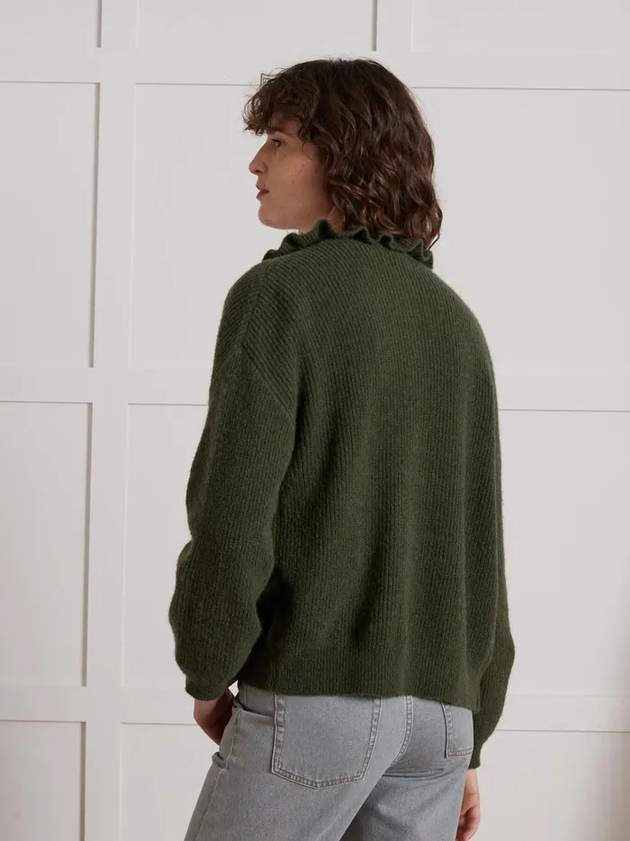 Women Clothing Cyrillus Wool And Mohair Cardigan With Ruffled Neckline Kaki