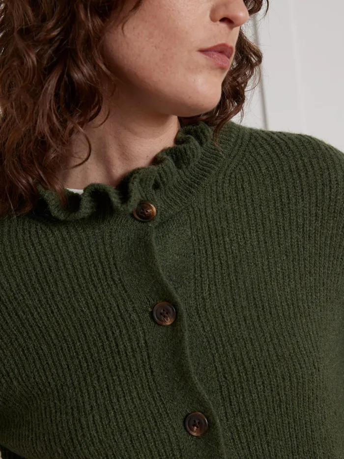 Women Clothing Cyrillus Wool And Mohair Cardigan With Ruffled Neckline Kaki