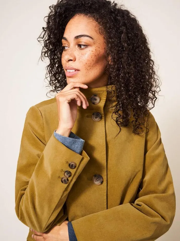 Women COATS and JACKETS White Stuff Karla Velvet Coat Mid Chartreuse