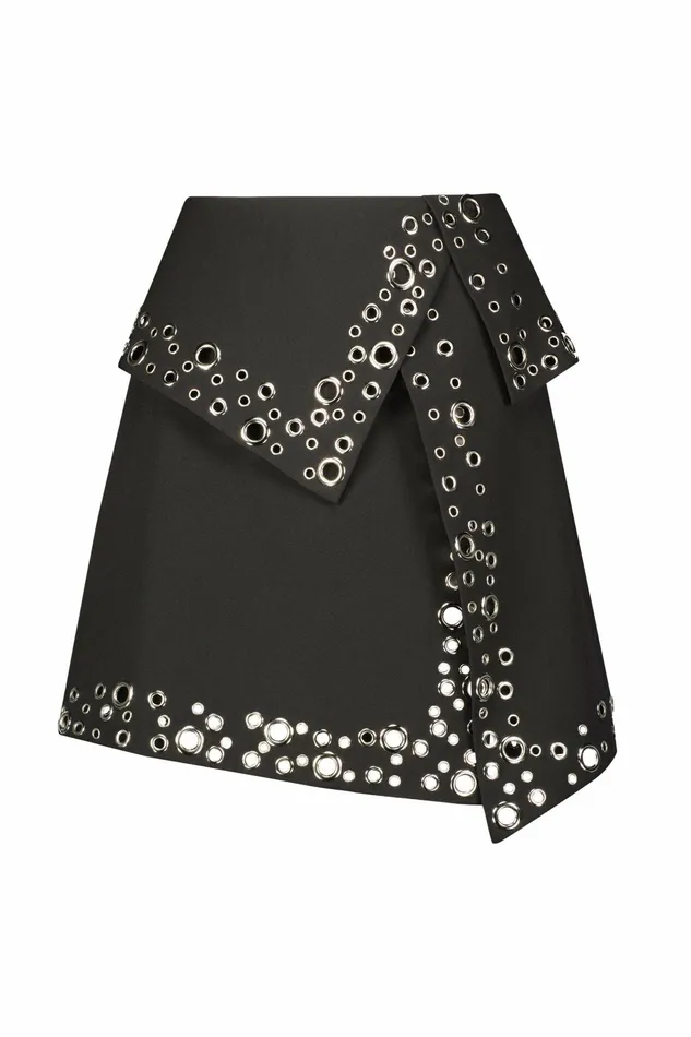 Women Crepe Grommet Mini Skirt Black Skirts Mac Duggal