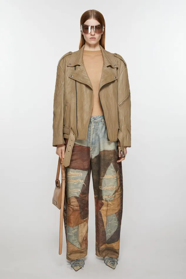Women Crinkled Leather Biker Jacket Brown Acne Studios Outerwear
