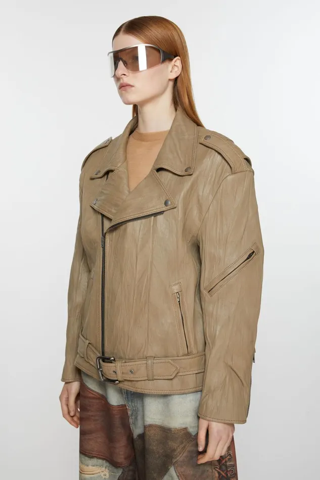 Women Crinkled Leather Biker Jacket Brown Acne Studios Outerwear