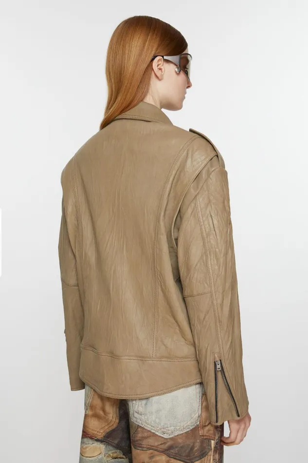 Women Crinkled Leather Biker Jacket Brown Acne Studios Outerwear