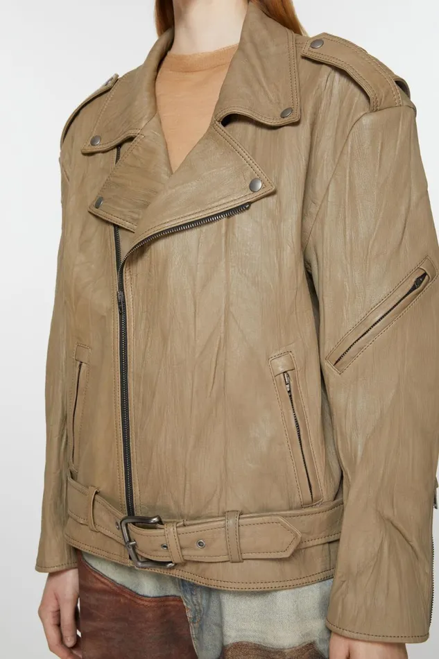 Women Crinkled Leather Biker Jacket Brown Acne Studios Outerwear
