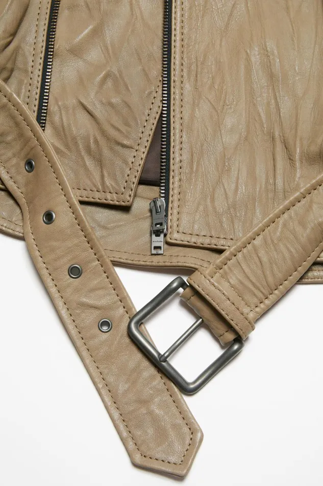 Women Crinkled Leather Biker Jacket Brown Acne Studios Outerwear