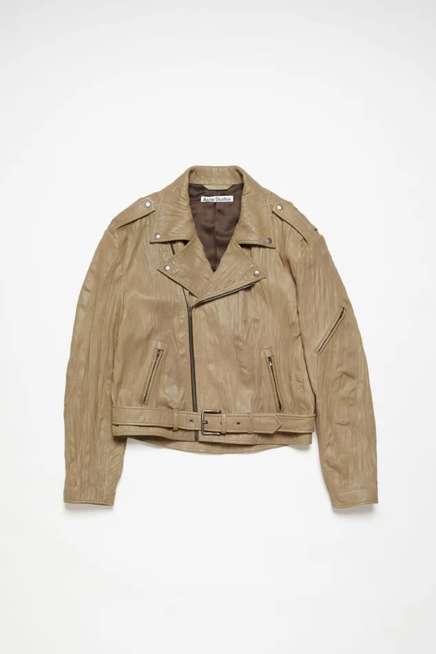 Women Crinkled Leather Biker Jacket Brown Acne Studios Outerwear