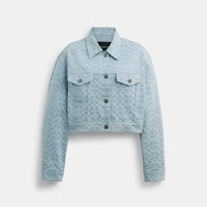 Women Cropped Signature Jacquard Denim Jacket Blue Signature Coach Jackets and Outerwear