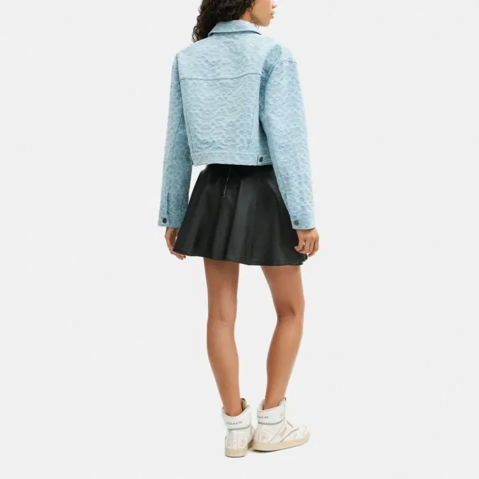 Women Cropped Signature Jacquard Denim Jacket Blue Signature Coach Jackets and Outerwear Women Cropped Signature Jacquard Denim Jacket Blue Signature Coach Jackets and Outerwear