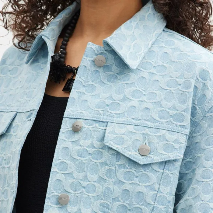 Women Cropped Signature Jacquard Denim Jacket Blue Signature Coach Jackets and Outerwear Women Cropped Signature Jacquard Denim Jacket Blue Signature Coach Jackets and Outerwear
