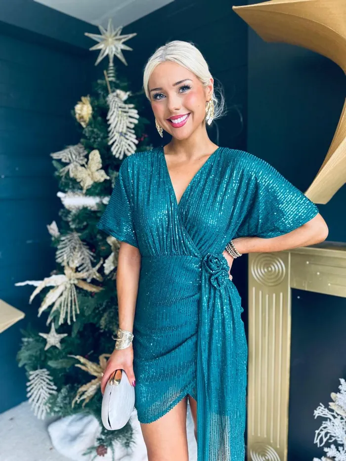 Women Day Dress Canella Lane Deena Jade Green Corsage Sequin Mini Dress