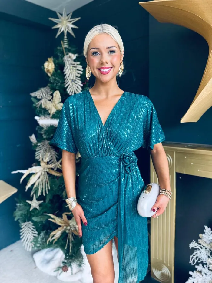Women Day Dress Canella Lane Deena Jade Green Corsage Sequin Mini Dress