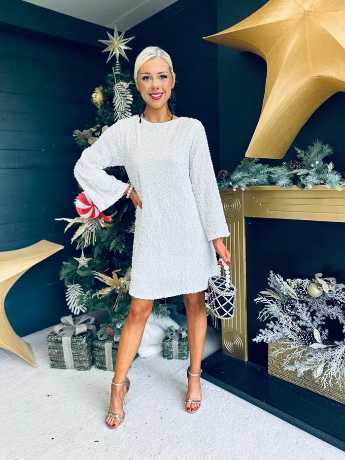 Women Day Dress Canella Lane Doris Bow Detail Sequin Mini Dress Cream
