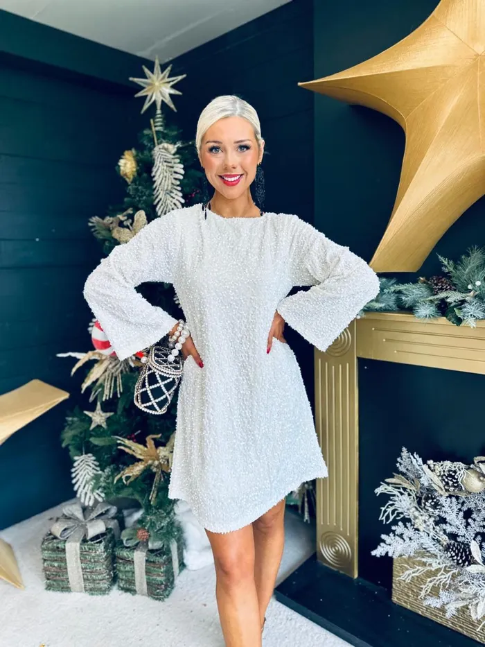 Women Day Dress Canella Lane Doris Bow Detail Sequin Mini Dress Cream