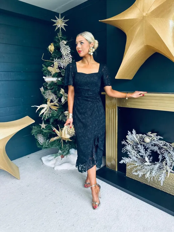 Women Day Dress Canella Lane Heidi Floral Burnout Ruched Midi Dress Black
