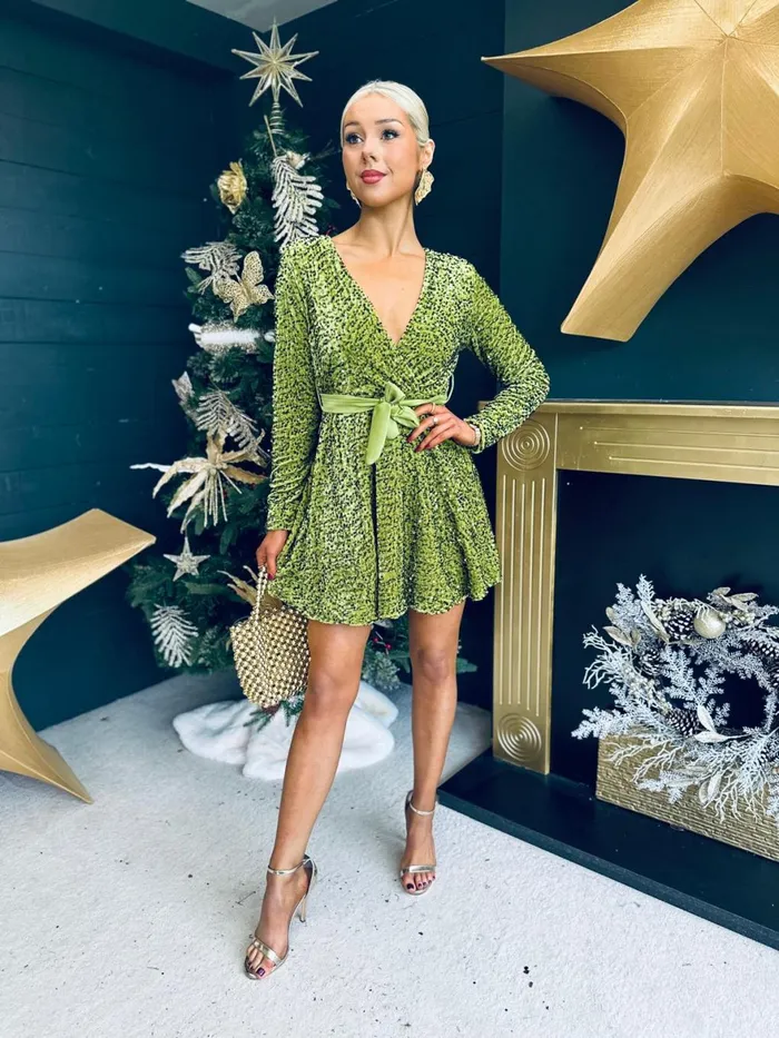 Women Day Dress Canella Lane Jane Velvet Sequin Mini Dress Pistachio