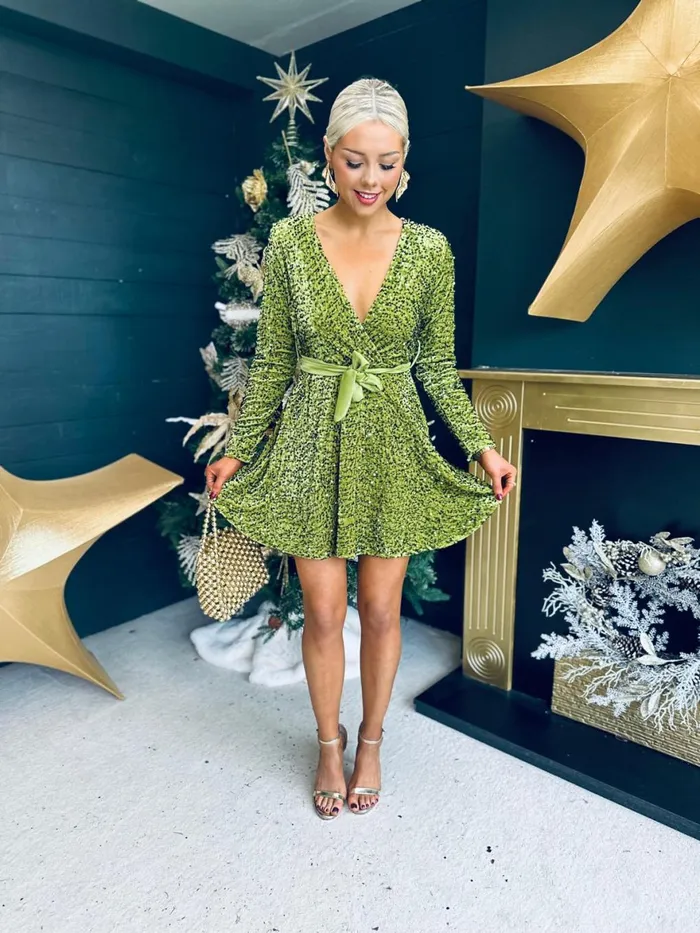 Women Day Dress Canella Lane Jane Velvet Sequin Mini Dress Pistachio