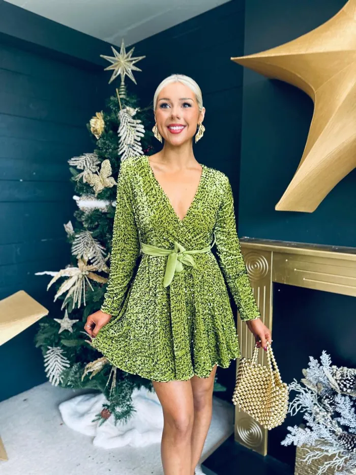 Women Day Dress Canella Lane Jane Velvet Sequin Mini Dress Pistachio