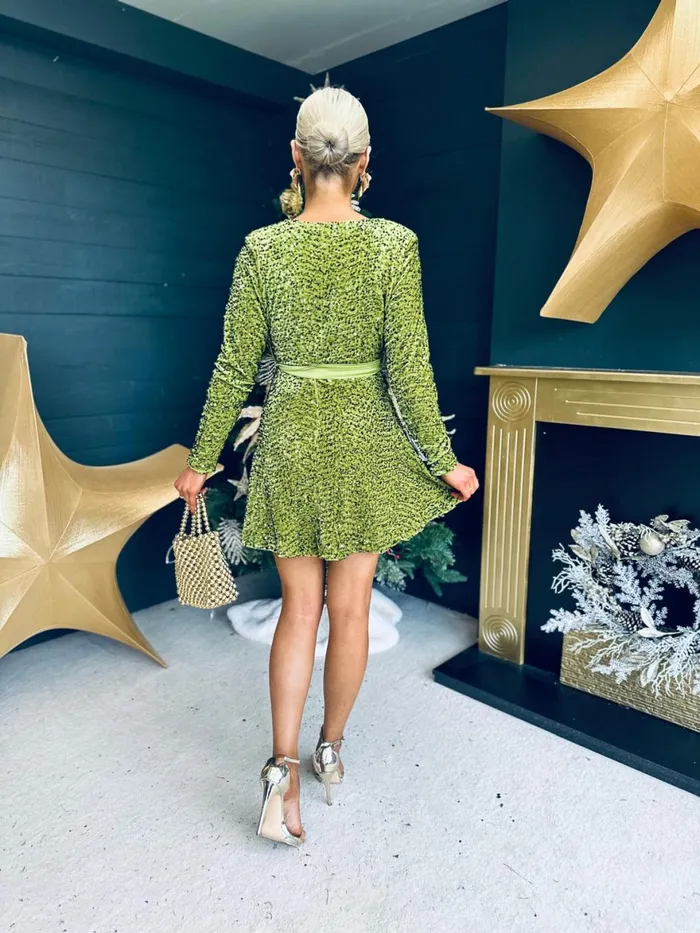 Women Day Dress Canella Lane Jane Velvet Sequin Mini Dress Pistachio