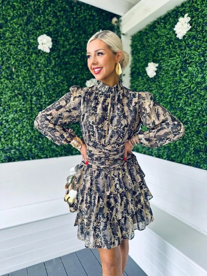 Women Day Dress Canella Lane Joan Gold Leaf Mini Dress Snake Print