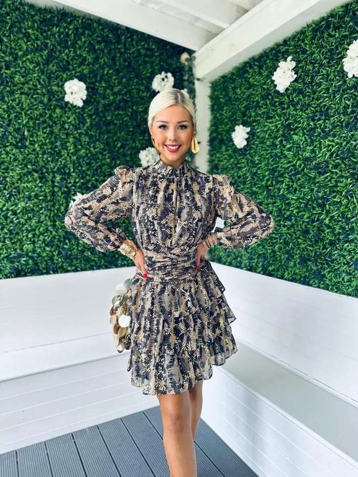 Women Day Dress Canella Lane Joan Gold Leaf Mini Dress Snake Print