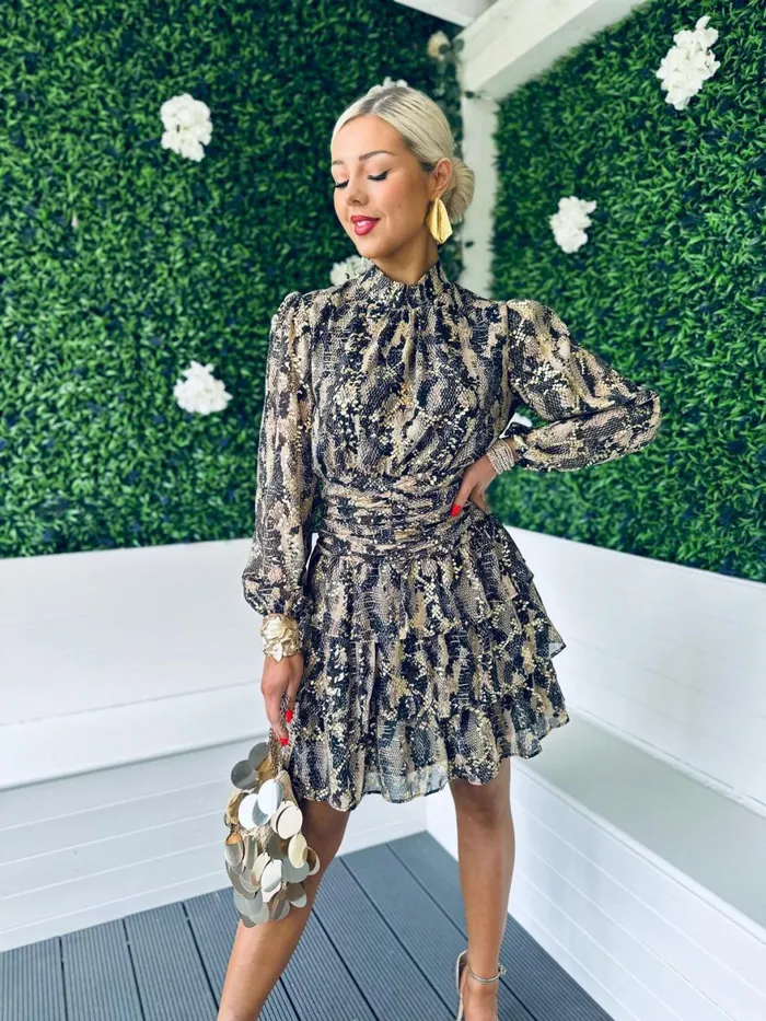 Women Day Dress Canella Lane Joan Gold Leaf Mini Dress Snake Print