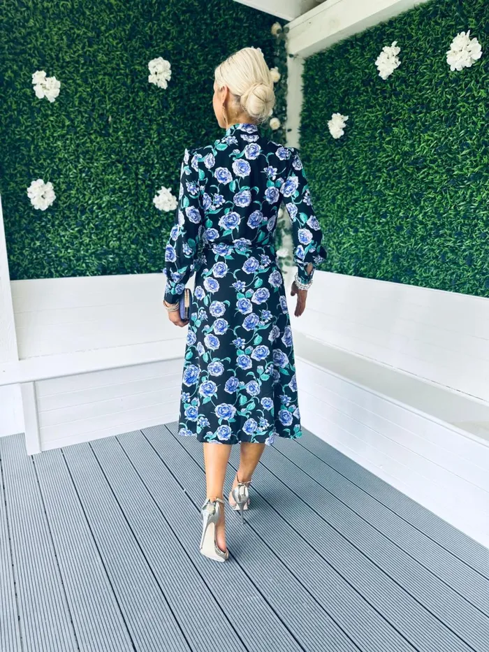 Women Day Dress Canella Lane Lily Wrap Midi Dress Floral Black Blue
