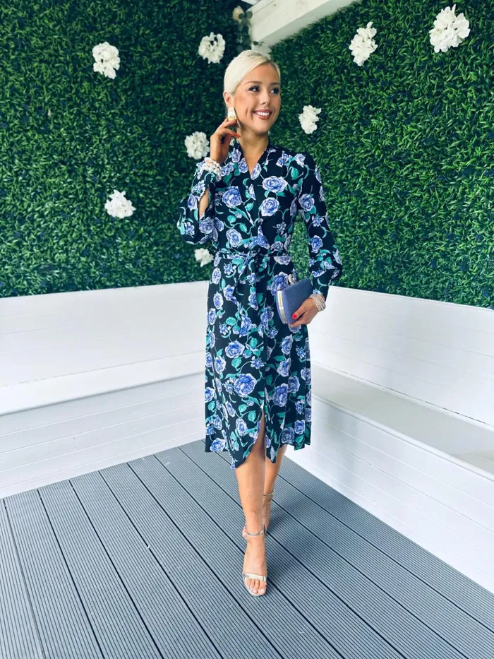 Women Day Dress Canella Lane Lily Wrap Midi Dress Floral Black Blue