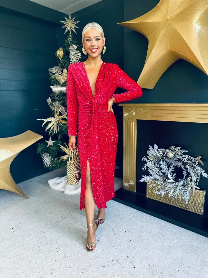 Women Day Dress Canella Lane Meghan Plunge Sequin Midi Dress Red
