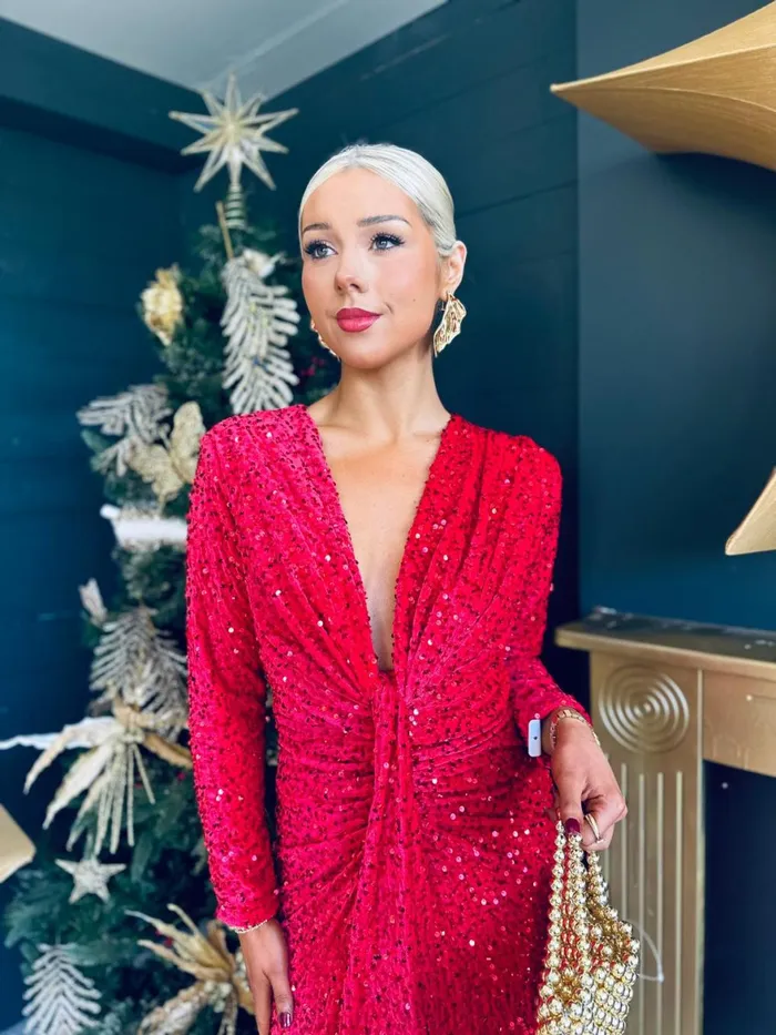 Women Day Dress Canella Lane Meghan Plunge Sequin Midi Dress Red