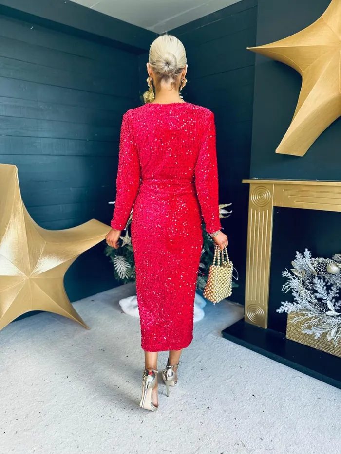 Women Day Dress Canella Lane Meghan Plunge Sequin Midi Dress Red